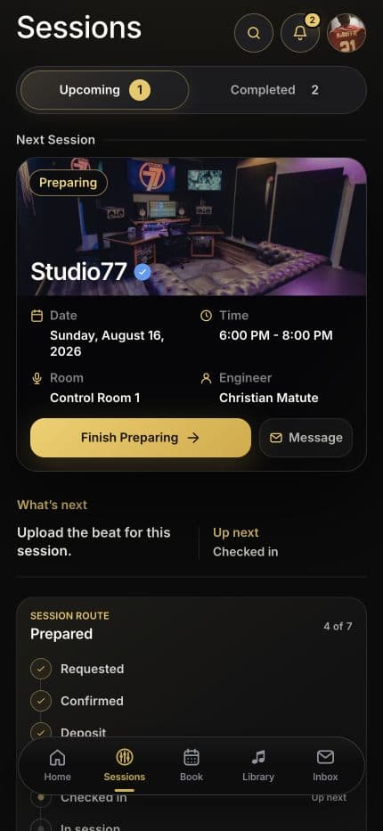Session Route Artist Sessions screen showing an upcoming Studio77 recording session and its preparation action.