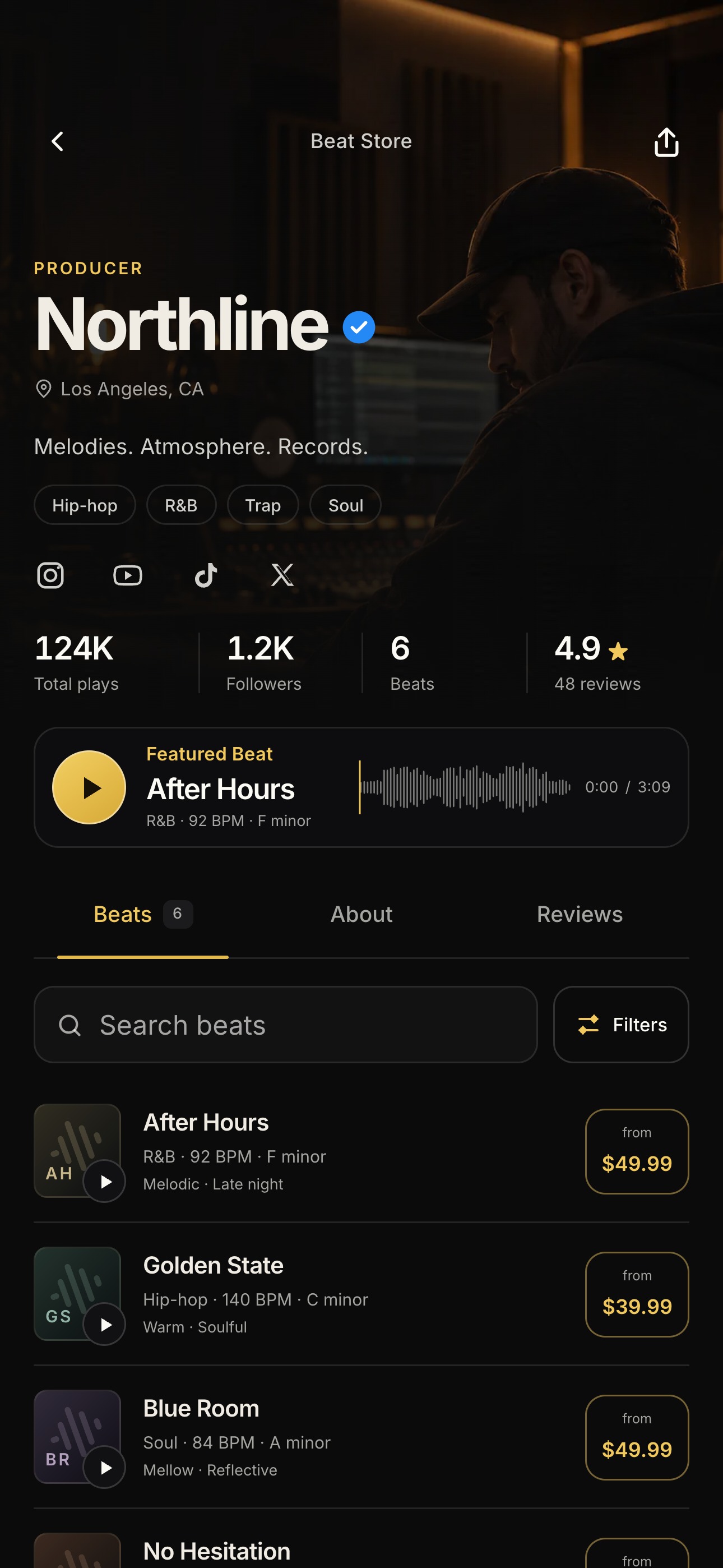 Sample producer beat store for Northline in the working Session Route interface, with a studio photo header, genres, illustrative activity, featured beat, search, and licenses.